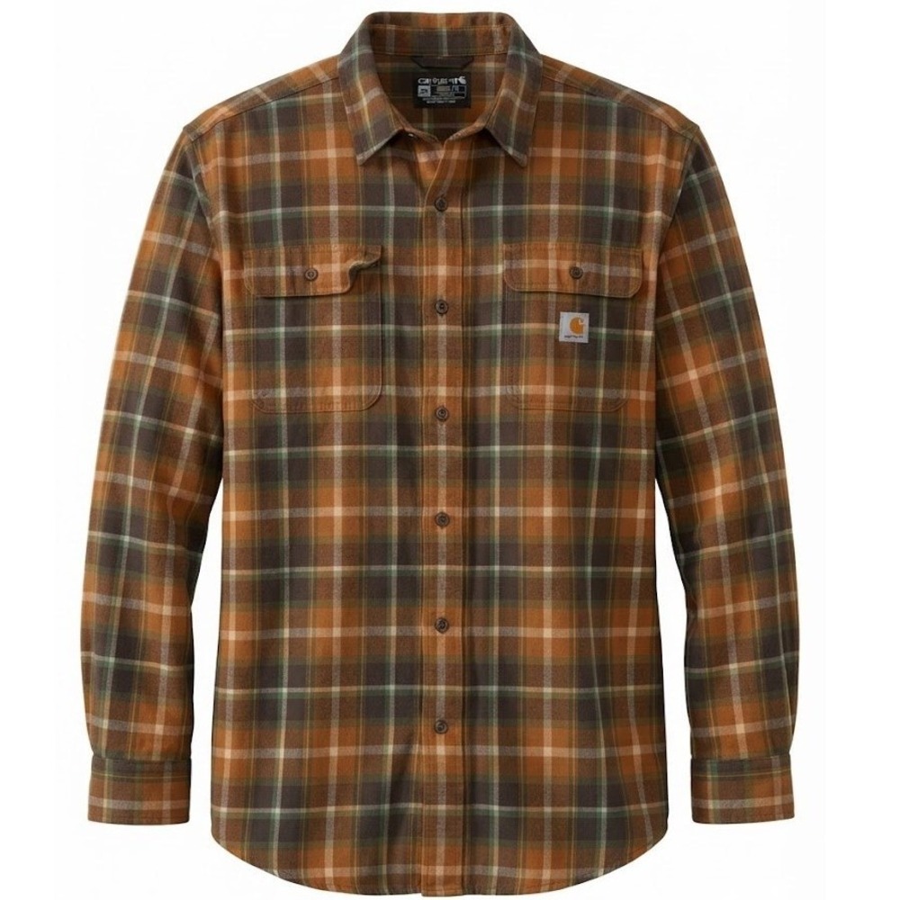 Carhartt Mens Loose Fit Plaid Flannel Shirt Brown Orange Thick Heavy - CJ